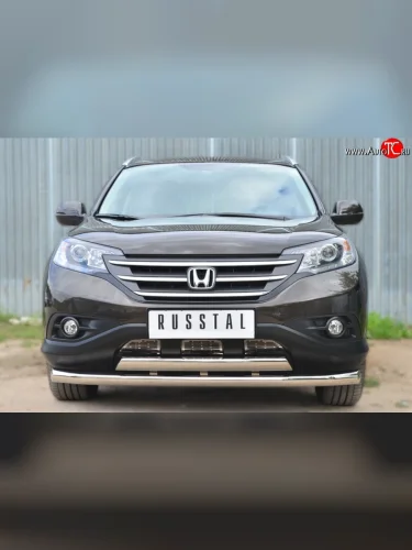 Защита переднего бампера (2 трубыØ76 и 75х42 мм, нержавейка) Russtal Honda CR-V RM1,RM3,RM4 дорестайлинг (2012-2015)