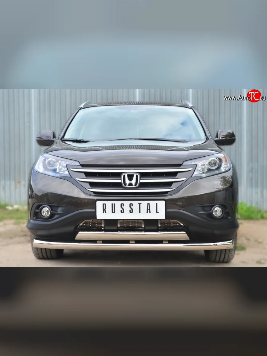 Защита переднего бампера (2 трубыØ76 и 75х42 мм, нержавейка) Russtal Honda CR-V RM1,RM3,RM4 дорестайлинг (2012-2015)  в Самаре Самарской области