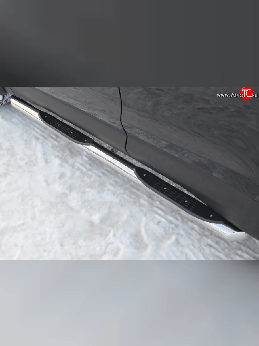 Защита порогов с пластиковыми вставками для ног из круглой трубы диаметром 76 мм Russtal Hyundai Santa Fe CM рестайлинг (2009-2012) (Защита порогов с со скосами на торцах (вариант 1))  в Керчи Республика Крым