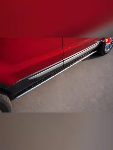 Защита порогов с круглыми вставками для ног из овальной трубы диаметром 75x42 мм (Prestige u Pure) Russtal Land Rover Range Rover Evoque 1 L538 дорестайлинг 5 дв. (2011-2015)