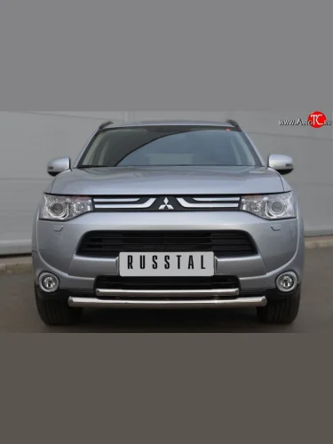 Защита переднего бампера (2 трубыØ63 и 42 мм, нержавейка) SLITKOFF Mitsubishi Outlander GF дорестайлинг (2012-2014)