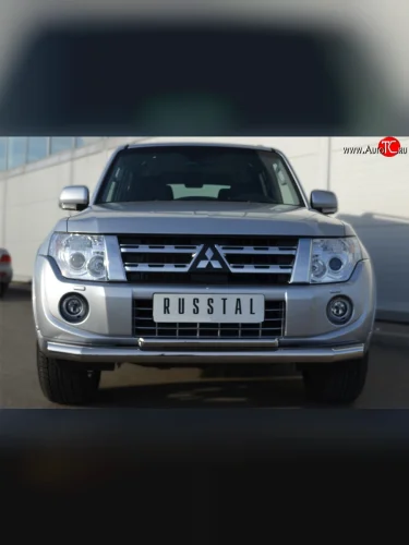 Защита переднего бампера (2 трубыØ76 и 42 мм, нержавейка) SLITKOFF Mitsubishi Pajero ( 4 V90,  4 V80) (2011-2015) 1-ый рестайлинг, 3 дв. 1-ый рестайлинг