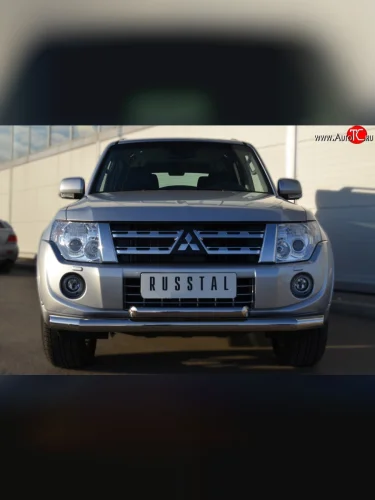 Защита переднего бампера (2 трубыØ76 и 63 мм, нержавейка) SLITKOFF Mitsubishi Pajero ( 4 V90,  4 V80) (2011-2015) 1-ый рестайлинг, 3 дв. 1-ый рестайлинг