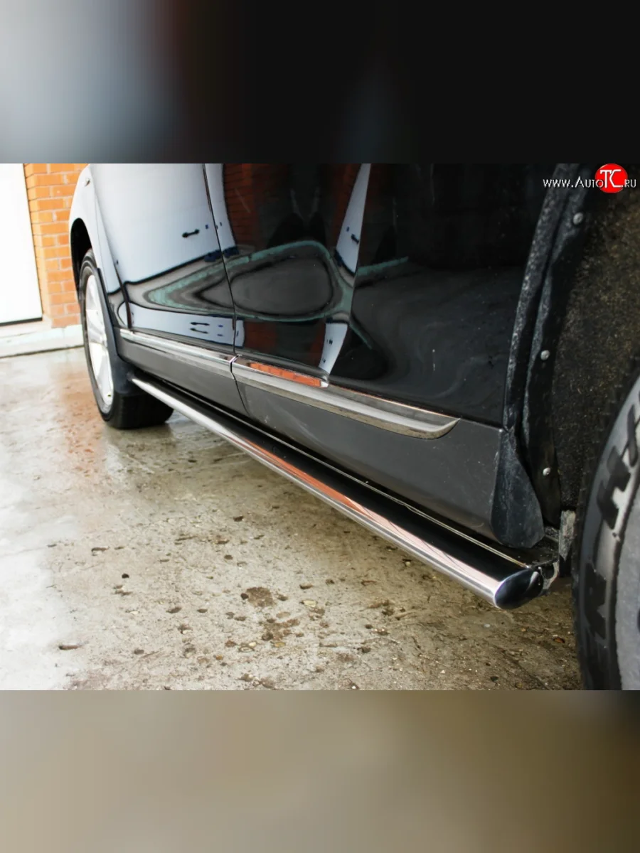 Защита порогов из овальной трубы диаметром 75x42 мм с нержавеющей накладкой под дверь (рестайлинг) Russtal Toyota Highlander XU40 рестайлинг (2010-2013)  в Перми Пермском крае