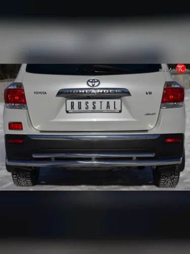 Защита заднего бампера (Ø63 и 42 мм, нержавейка) SLITKOFF Toyota Highlander  XU40 (2010-2013) рестайлинг