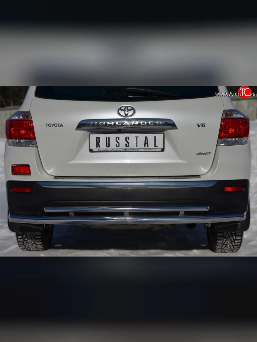 Защита заднего бампера (Ø63 и 42 мм, нержавейка) SLITKOFF Toyota Highlander XU40 рестайлинг (2010-2013)  в Самаре Самарской области