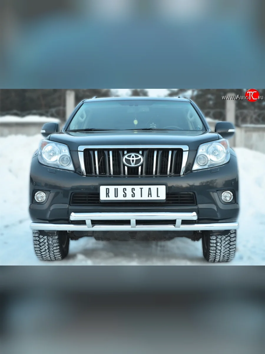 Защита переднего бампера (2 трубыØ63 мм, нержавейка) SLITKOFF Toyota Land Cruiser Prado J150 дорестайлинг (2009-2013)  в Керчи Республика Крым