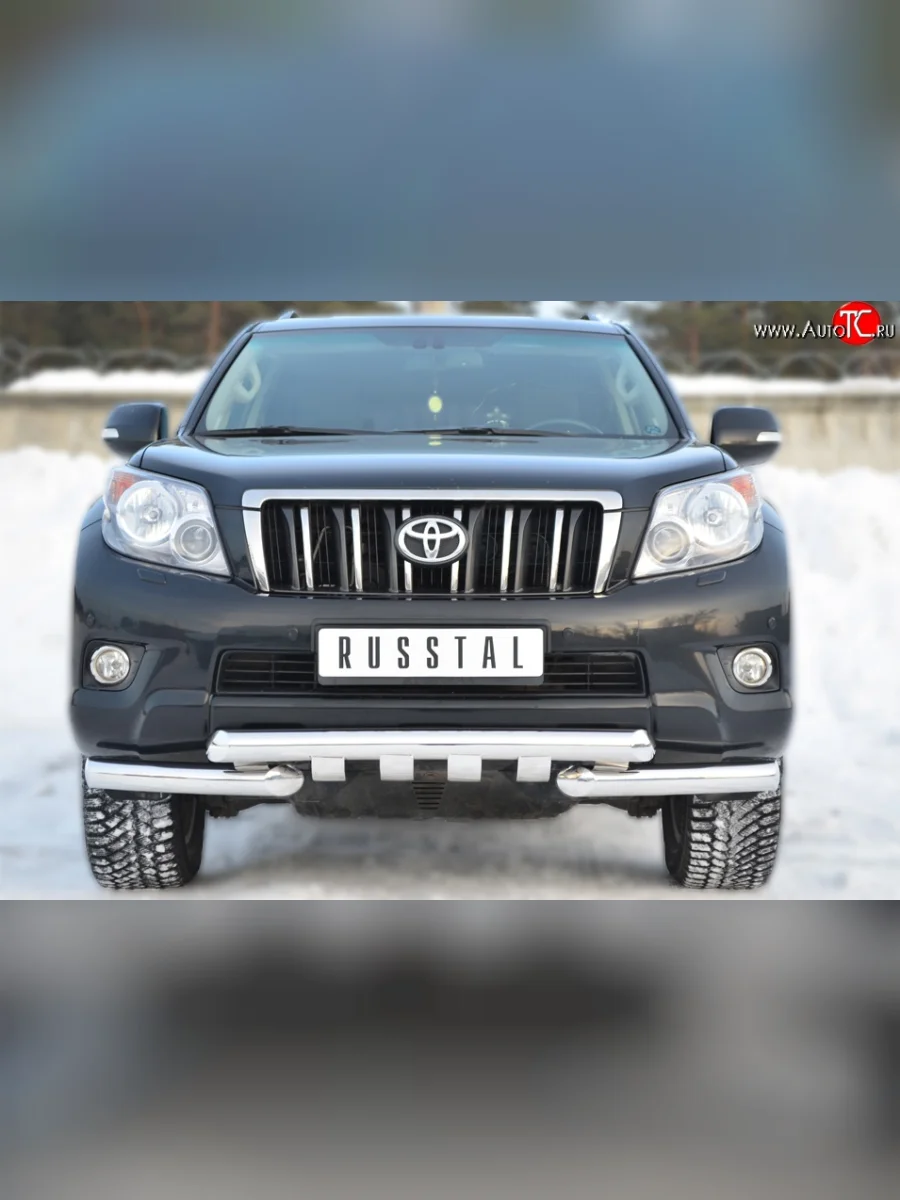 Защита переднего бампера (2 трубы Ø76 мм с зубами, нержавейка) SLITKOFF Toyota Land Cruiser Prado J150 дорестайлинг (2009-2013)  в Керчи Республика Крым