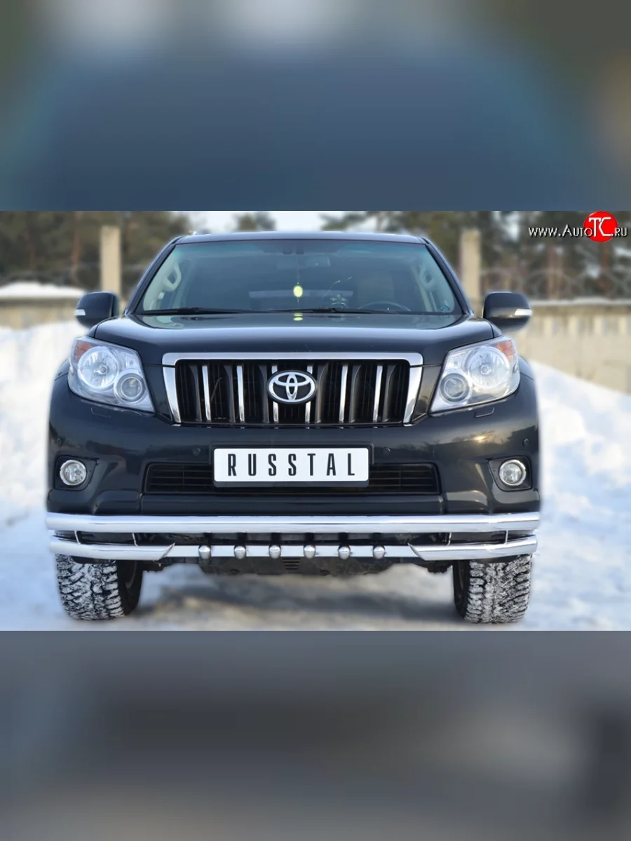 Защита переднего бампера (2 трубы Ø63 мм с зубами, нержавейка) SLITKOFF Toyota Land Cruiser Prado J150 дорестайлинг (2009-2013)  в Керчи Республика Крым