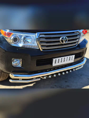 Защита переднего бампера (2 трубы Ø76 и 42 мм с зубами, нержавейка) SLITKOFF Toyota Land Cruiser  200 (2012-2015) 1-ый рестайлинг