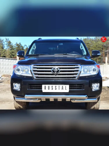 Защита переднего бампера (2 трубы Ø76 мм с зубами, нержавейка) SLITKOFF Toyota Land Cruiser  200 (2012-2015) 1-ый рестайлинг