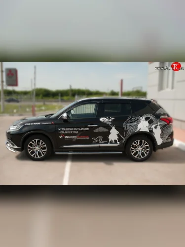 Защита порогов с круглыми вставками для ног из овальной трубы диаметром 75x42 мм (рестайлинг) Russtal Mitsubishi Outlander GF 2-ой рестайлинг (2015-2018)