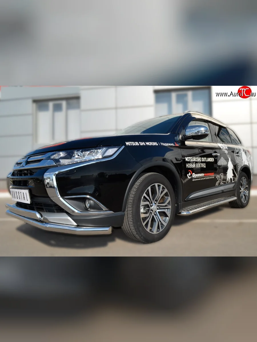 Защита переднего бампера (2 трубыØ75х42 и 63 мм, нержавейка) Russtal Mitsubishi Outlander GF 2-ой рестайлинг (2015-2018)  в Самаре Самарской области