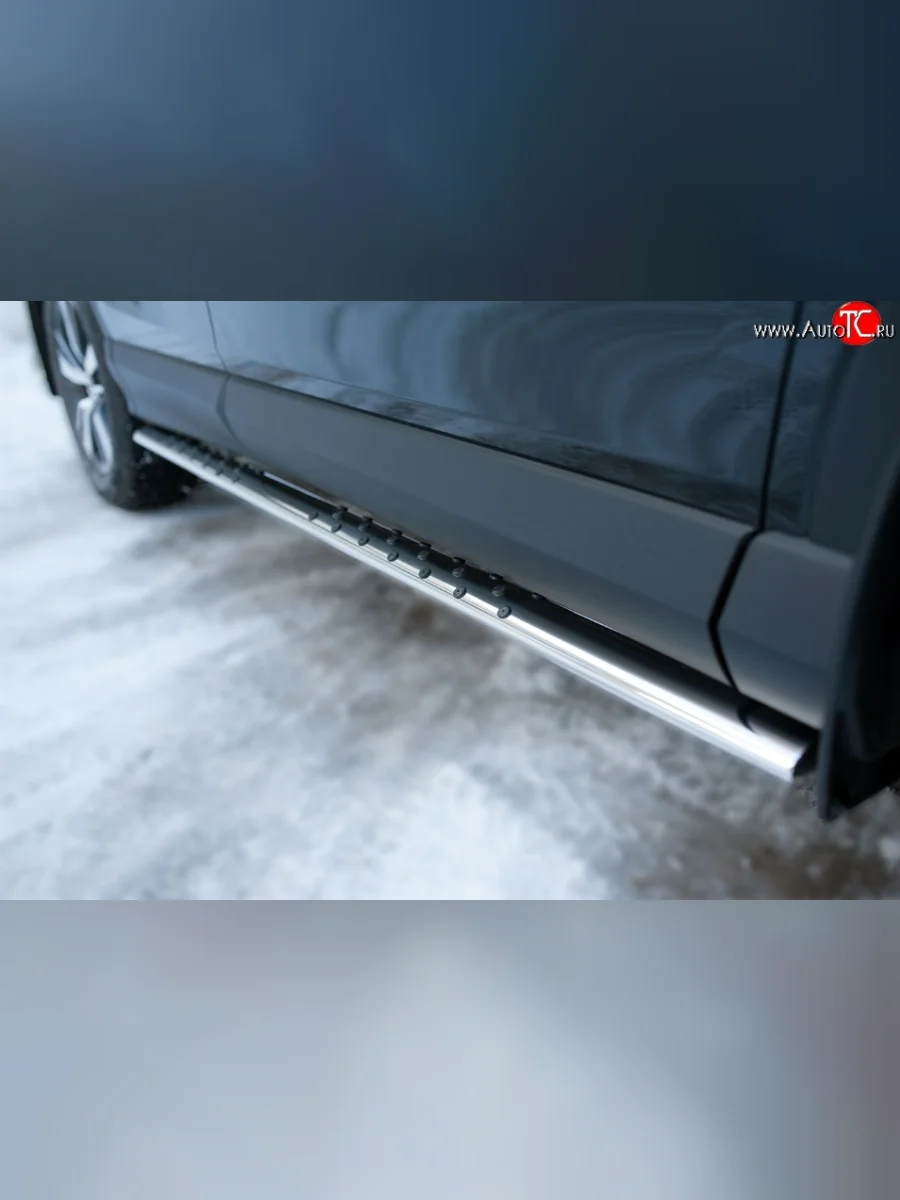 Защита порогов с круглыми вставками для ног из овальной трубы диаметром 75x42 мм (рестайлинг) Russtal Toyota RAV4 XA40 5 дв. дорестайлинг (2012-2015)  с доставкой в г. Пермь