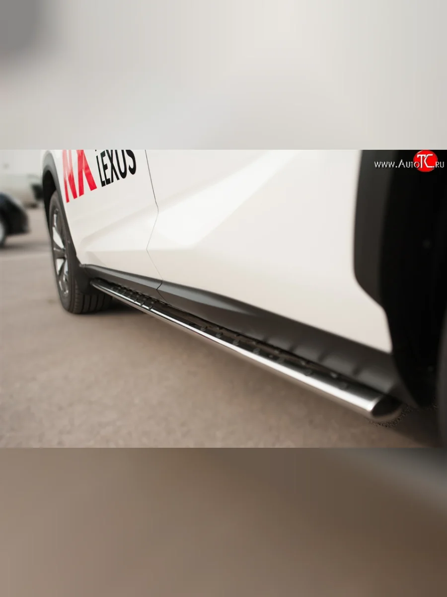 Защита порогов с круглыми вставками для ног из овальной трубы диаметром 75x42 мм F SPORT Russtal Lexus NX200T Z10 (2014-2017)  в Керчи Республика Крым