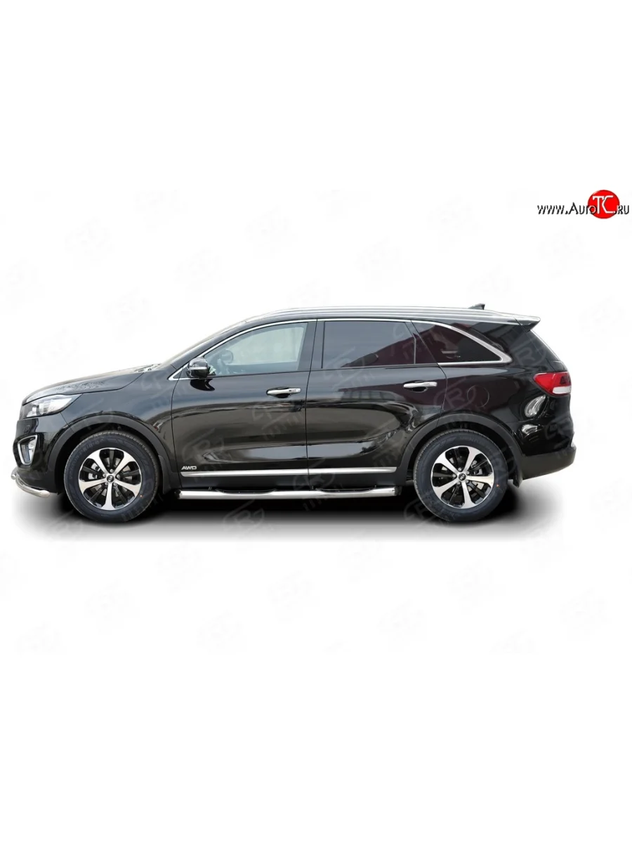 Защита порогов с пластиковыми вставками для ног из круглой трубы диаметром 76 мм Russtal KIA Sorento UM/Prime дорестайлинг (2014-2018) (Защита порогов с со скосами на торцах (вариант 1))  в Перми Пермском крае