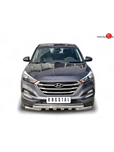 Защита переднего бампера (2 трубы Ø63 мм с зубами, нержавейка) SLITKOFF Hyundai Tucson  TL (2015-2018) дорестайлинг