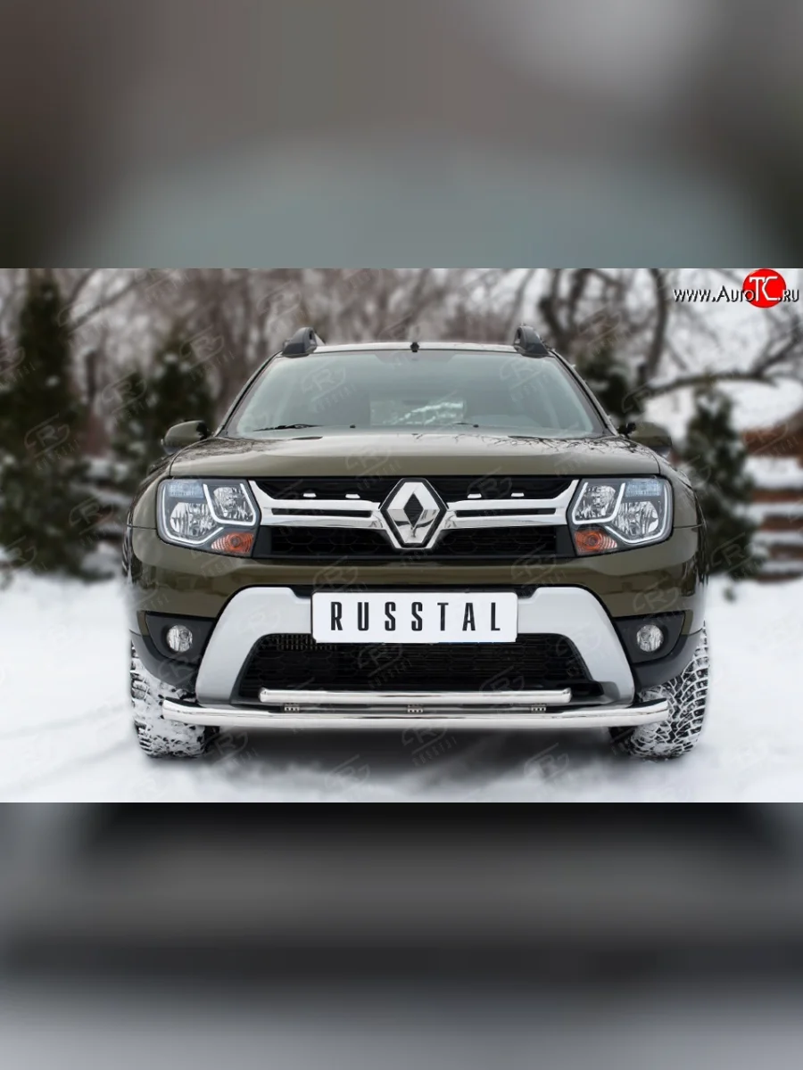 Защита переднего бампера (2 трубыØ63 и 42 мм с декор. пазом, нержавейка) SLITKOFF Renault Duster HS дорестайлинг (2010-2015)  в Керчи Республика Крым