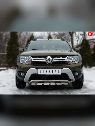 Защита переднего бампера (Ø42 мм с зубами, нержавейка) SLITKOFF Renault Duster  HS (2010-2021) дорестайлинг, рестайлинг