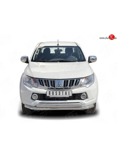 Защита переднего бампера (2 трубы Ø63 и 75х42 мм, нержавейка) Russtal Mitsubishi L200 5 KK,KL дорестайлинг (2015-2019)