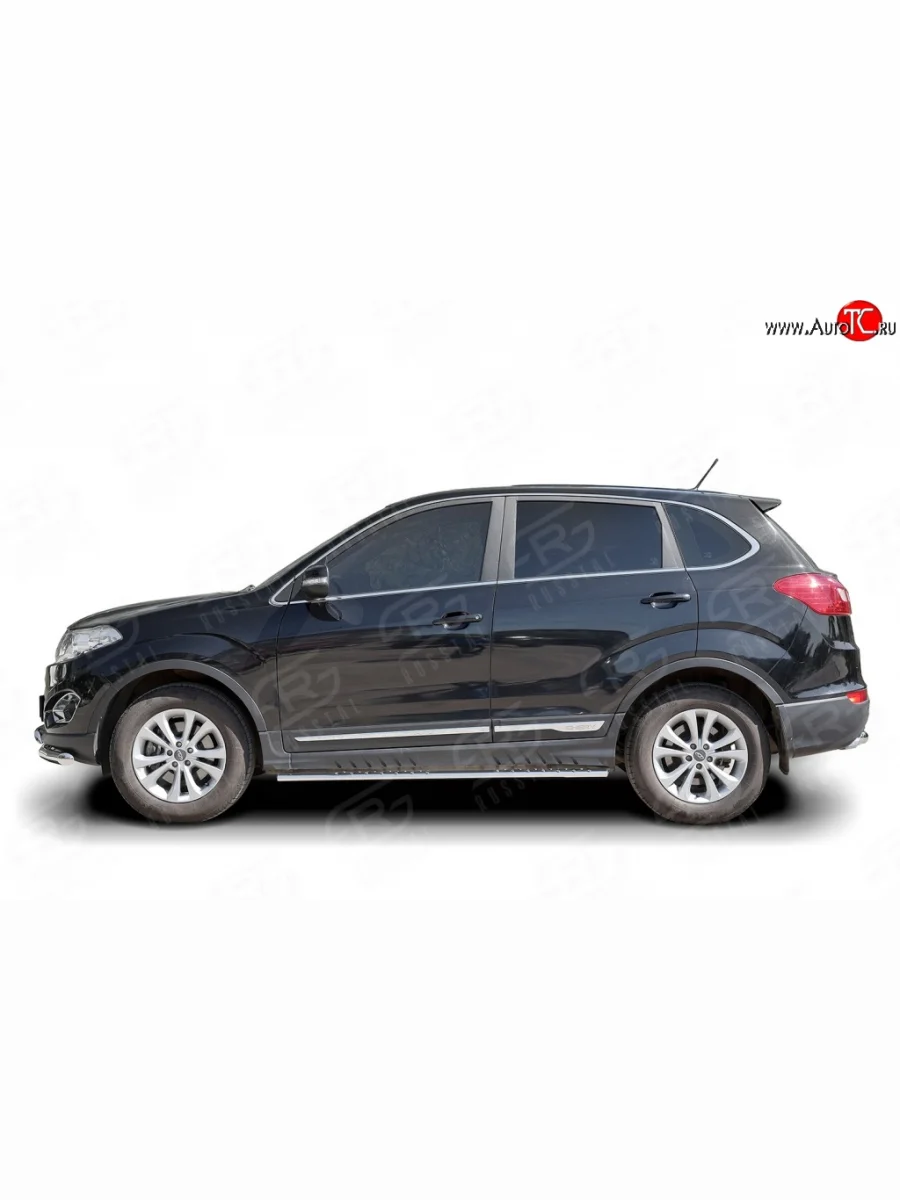 Защита порогов с круглыми вставками для ног из овальной трубы диаметром 75x42 мм Russtal Chery Tiggo 5 (T21) дорестайлинг (2014-2017)  в Перми Пермском крае