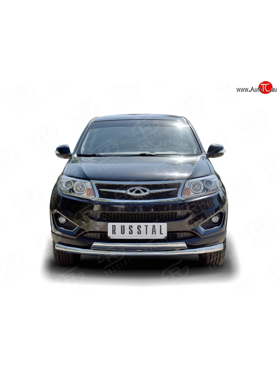 Защита переднего бампера (2 трубы Ø63 и 75х42 мм, нержавейка) Russtal Chery Tiggo 5 (T21) дорестайлинг (2014-2017)  с доставкой в г. Керчь