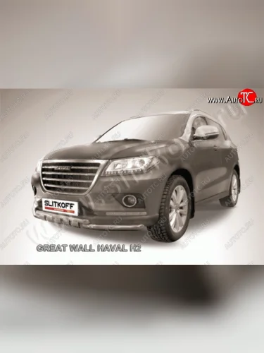 Защита переднего бампера из труб диаметрами по 57 мм с зубьями Slitkoff Haval H2 (2014-2021)
