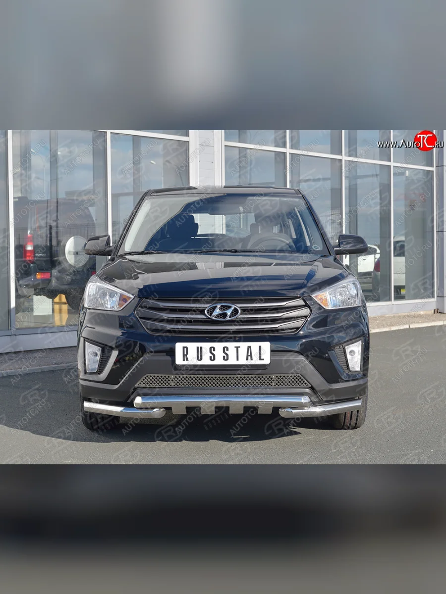Защита переднего бампера (2 трубы Ø63 мм с клыками, нержавейка) SLITKOFF Hyundai Creta GS рестайлинг (2019-2021)  в Керчи Республика Крым