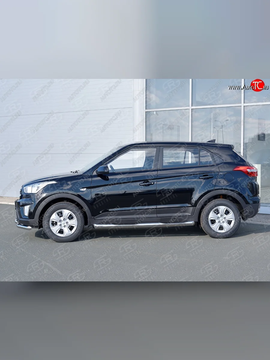 Защита порогов с пластиковыми вставками для ног из круглой трубы диаметром 76 мм SLITKOFF Hyundai Creta GS дорестайлинг (2015-2019)  в Керчи Республика Крым