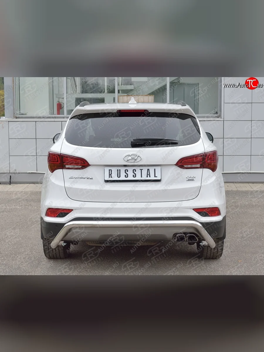 Защита заднего бампера (Ø63 мм волна под машину, нержавейка, PREMIUM) SLITKOFF  Hyundai Santa Fe (2015-2019) DM  в Воронеже Воронежской области