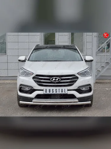 Защита переднего бампера (2 трубыØ63 и 42 мм, нержавейка) SLITKOFF Hyundai Santa Fe DM рестайлинг (2015-2019)
