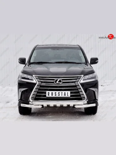 Защита переднего бампера (2 трубы Ø63 мм с зубами, нержавейка) SLITKOFF Lexus LX450d  J200 (2015-2022) 2-ой рестайлинг