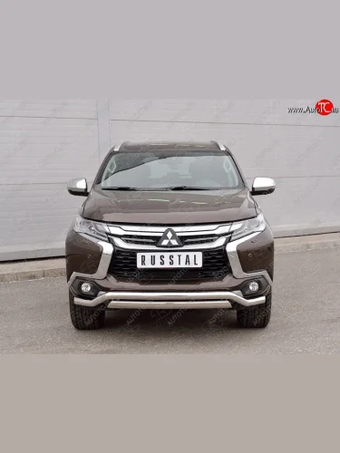 Защита переднего бампера (2 трубы Ø63 и 75х42 мм, нержавейка) Russtal Mitsubishi Pajero Sport QE дорестайлинг (2015-2021)