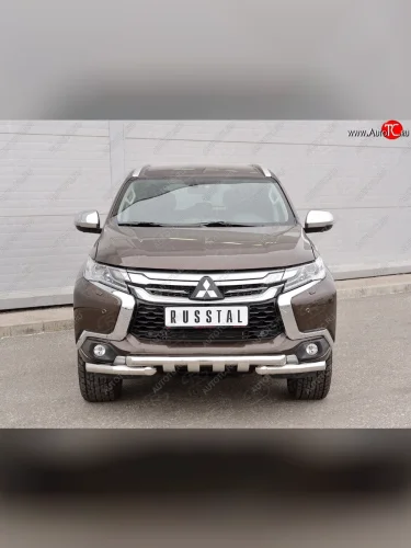 Защита переднего бампера (2 трубы Ø63 мм с зубами, нержавейка) SLITKOFF Mitsubishi Pajero Sport  QE (2015-2021) дорестайлинг