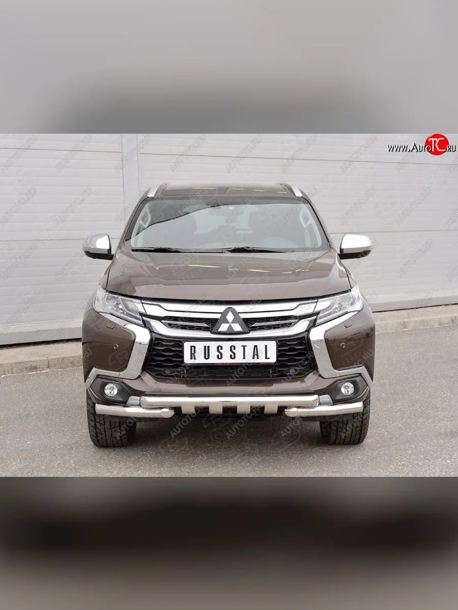 Защита переднего бампера (2 трубы Ø63 мм с зубами, нержавейка) SLITKOFF  Mitsubishi Pajero Sport (2015-2021) QE  в Самаре Самарской области