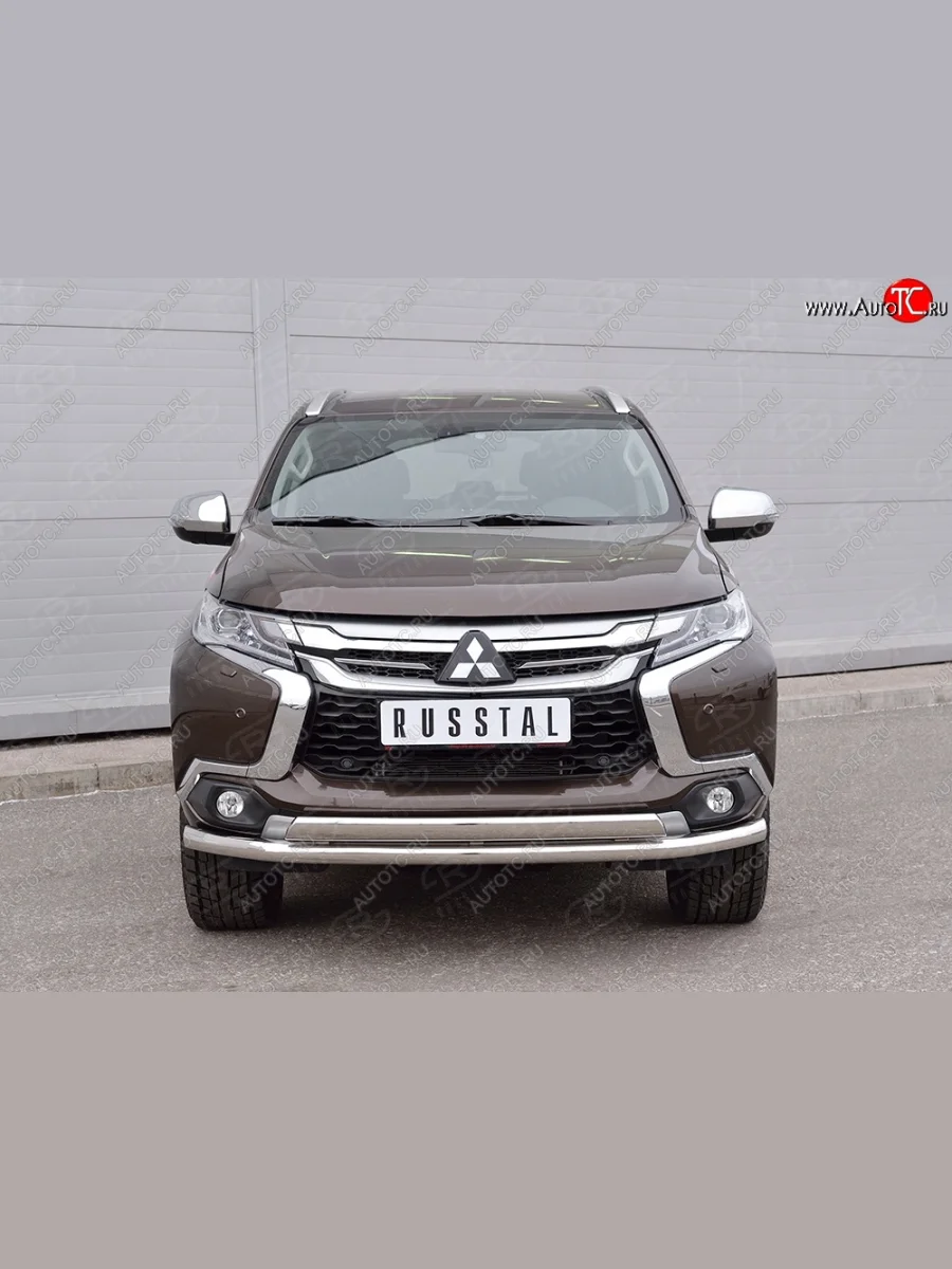 Защита переднего бампера (2 трубыØ63 и 75х42 мм, нержавейка) Russtal Mitsubishi Pajero Sport QE дорестайлинг (2015-2021)  в Самаре Самарской области