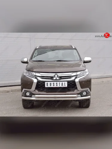 Защита переднего бампера (2 трубыØ63 мм, нержавейка) SLITKOFF Mitsubishi Pajero Sport  QE (2015-2021) дорестайлинг