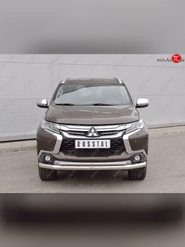 Защита переднего бампера (2 трубыØ76 и 42 мм, нержавейка) SLITKOFF Mitsubishi Pajero Sport  QE (2015-2021) дорестайлинг