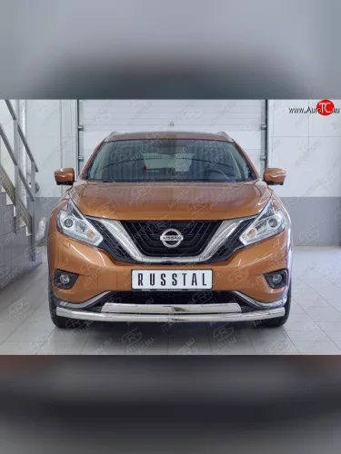 Защита переднего бампера (2 трубыØ63 и 75х42 мм, нержавейка) Russtal Nissan Murano 3 Z52 дорестайлинг (2015-2022)