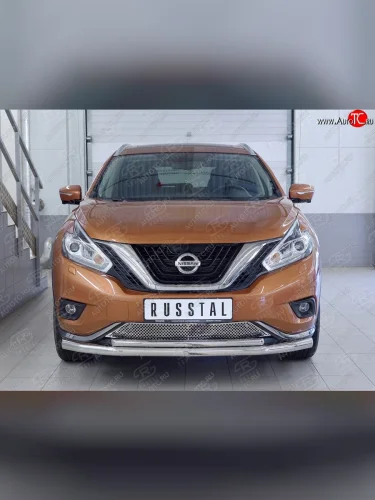 Защита переднего бампера (2 трубыØ63 и 42 мм, нержавейка) SLITKOFF Nissan Murano  3 Z52 (2015-2022) дорестайлинг