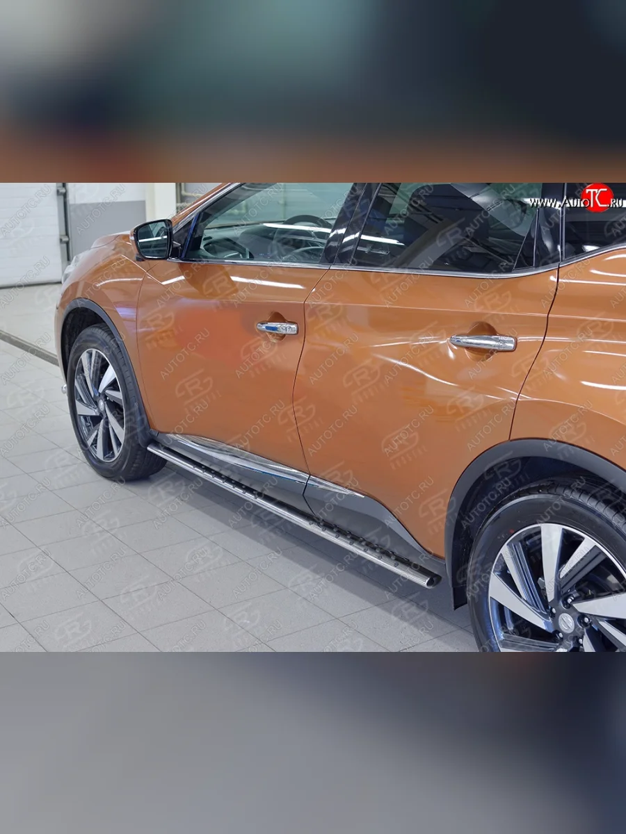 Защита порогов из овальной трубы диаметром 75x42 мм с проступью Russtal Nissan Murano 3 Z52 дорестайлинг (2015-2022)  в Самаре Самарской области