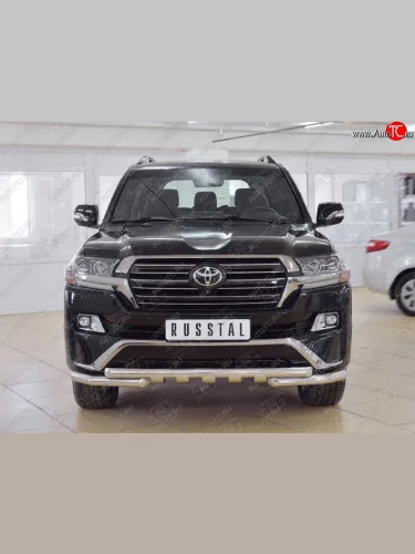 Защита переднего бампера (2 трубы Ø63 мм с зубами, нержавейка) SLITKOFF Toyota Land Cruiser  200 (2015-2021) 2-ой рестайлинг