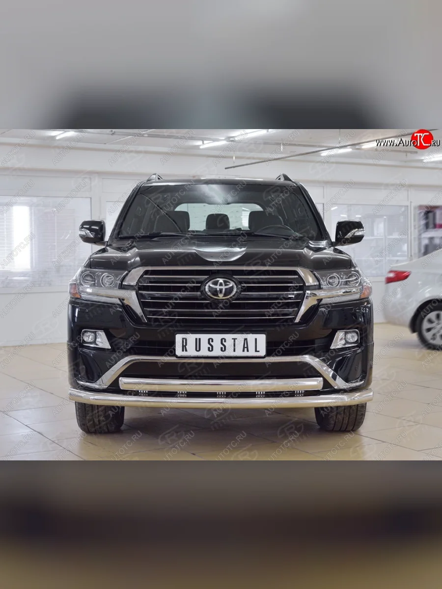 Защита переднего бампера (2 трубыØ76 и 75х42 мм, нержавейка) Russtal Toyota Land Cruiser 200 2-ой рестайлинг (2015-2021)  в Керчи Республика Крым