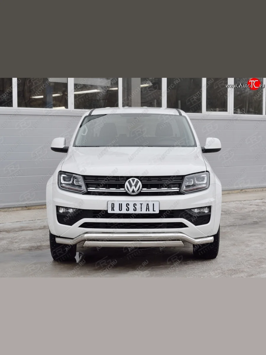 Защита переднего бампера (2 трубы Ø63 и 75х42 мм, нержавейка) Russtal Volkswagen Amarok рестайлинг (2016-2022)  в Керчи Республика Крым
