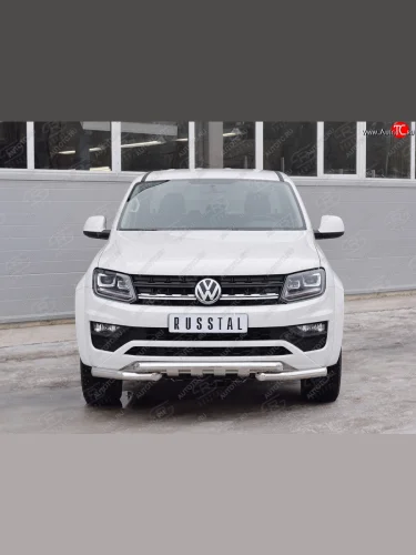 Защита переднего бампера (2 трубы Ø63 мм с зубами, нержавейка) SLITKOFF Volkswagen Amarok (2016-2022) рестайлинг