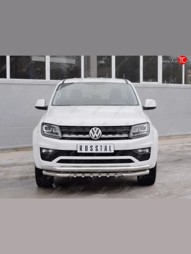 Защита переднего бампера (2 трубы Ø63 мм с клыками, нержавейка) SLITKOFF Volkswagen Amarok (2016-2022) рестайлинг