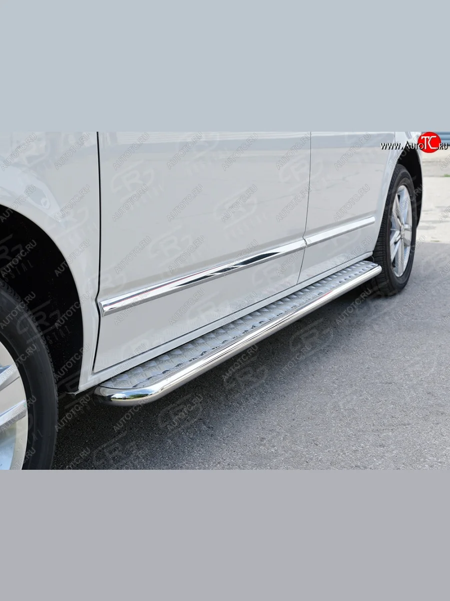 Широкая защита порогов с трубой диаметром 42 мм (короткая база) SLITKOFF (левая защита) Volkswagen Transporter T6 дорестайлинг (2015-2019)  в Воронеже Воронежской области