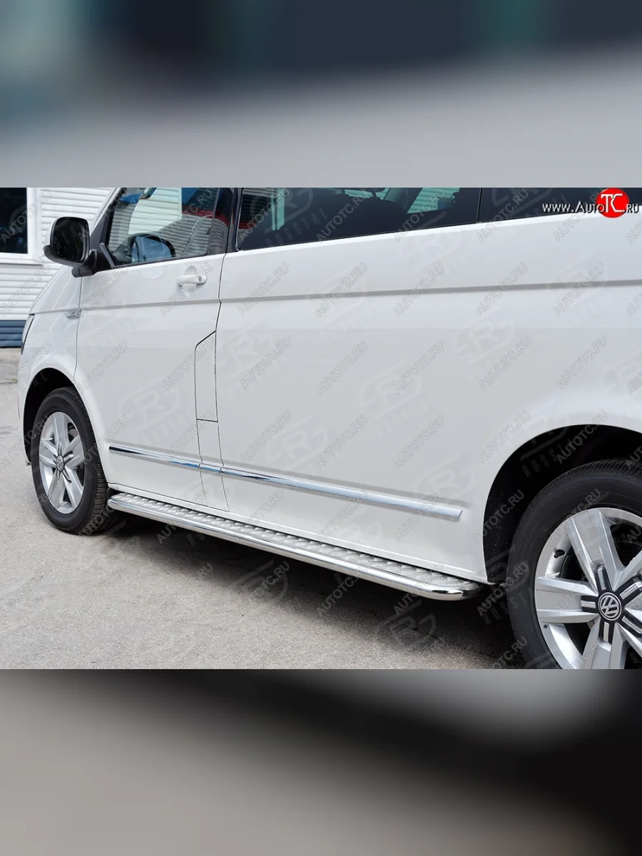 Широкая защита порогов с трубой диаметром 42 мм (короткая база) SLITKOFF (правая защита) Volkswagen Multivan T6 дорестайлинг (2016-2019)  в Керчи Республика Крым