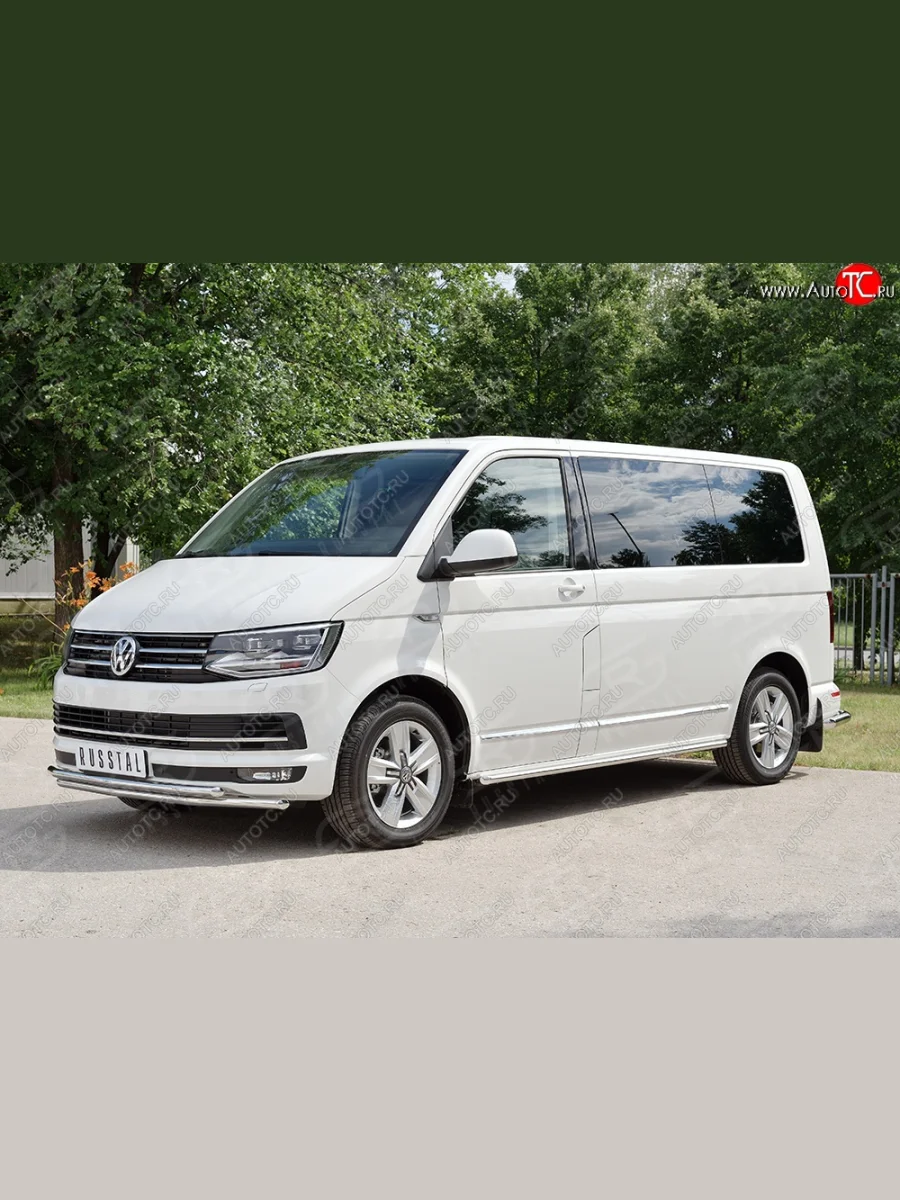 Защита переднего бампера (2 трубыØ42 мм, нержавейка, короткая база) SLITKOFF Volkswagen Transporter T6 дорестайлинг (2015-2019)  в Керчи Республика Крым