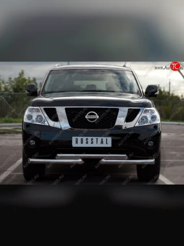 Защита переднего бампера (2 трубы Ø42 мм, нержавейка) SLITKOFF Nissan Patrol 6 Y62 дорестайлинг (2010-2014)